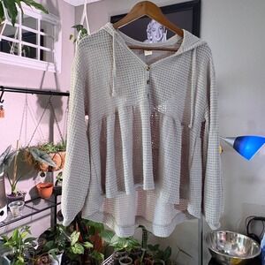 SO Womens Hooded Button Up Waffle Knit Peplum Top Blouse Size Small S